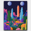 Cosmic Crystal Oasis paint by numbers kit of an alien world with glowing crystals and twin moons