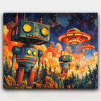 March of the Metal Giants paint by numbers kit of retro giant robots marching under a sci-fi sky