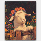 Pasture Happiness paint by numbers kit of a smiling goat wearing a flower crown on a bright farm