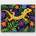 Jungle Jewel paint by numbers kit of a colorful folk art gecko among bright jungle flowers