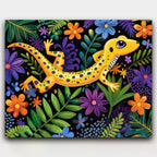 Jungle Jewel paint by numbers kit of a colorful folk art gecko among bright jungle flowers