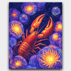 Bioluminescent Ocean paint by numbers kit of a glowing lobster among anemones and bubbles