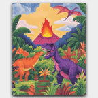 Jurassic Clash Beneath the Volcano paint by numbers kit of roaring dinosaurs by a fiery volcano