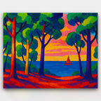 Sailing Through Fauvist Dreams paint by numbers kit of a sailboat and bold trees in Matisse-style color