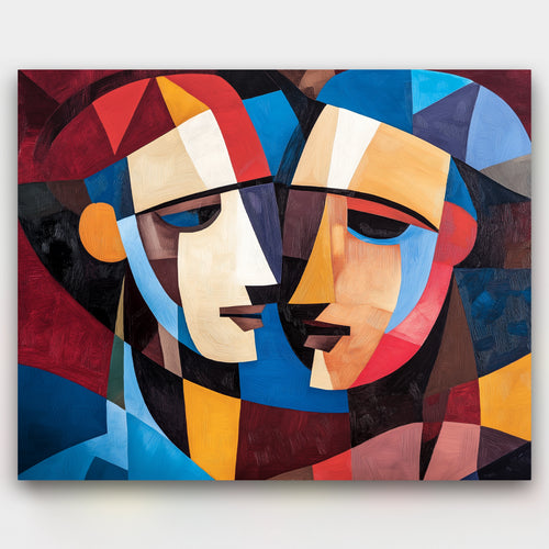 Abstract Conversation paint by numbers kit of two cubist faces in rich reds and blues