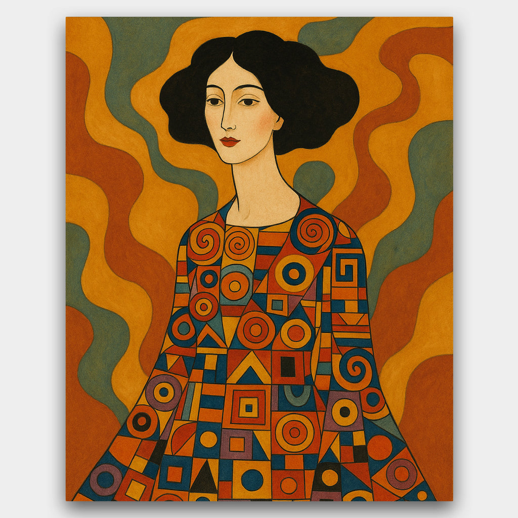 Geometric Dress paint by numbers kit of a Klimt-style woman in patterned dress with orange and brown tones