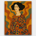 Geometric Dress paint by numbers kit of a Klimt-style woman in patterned dress with orange and brown tones