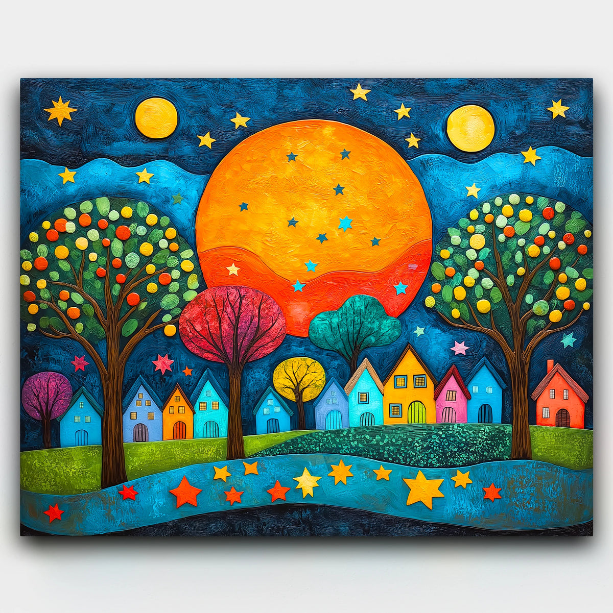 Dreamland Under the Stars folk art paint by numbers kit of bright houses and trees under dreamy stars