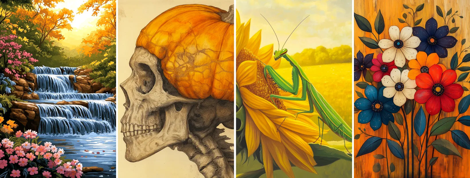  Four vibrant paint by numbers artworks including a forest waterfall, a skull with a pumpkin, a praying mantis on a sunflower, and a bouquet of colorful flowers on a wood-textured background.