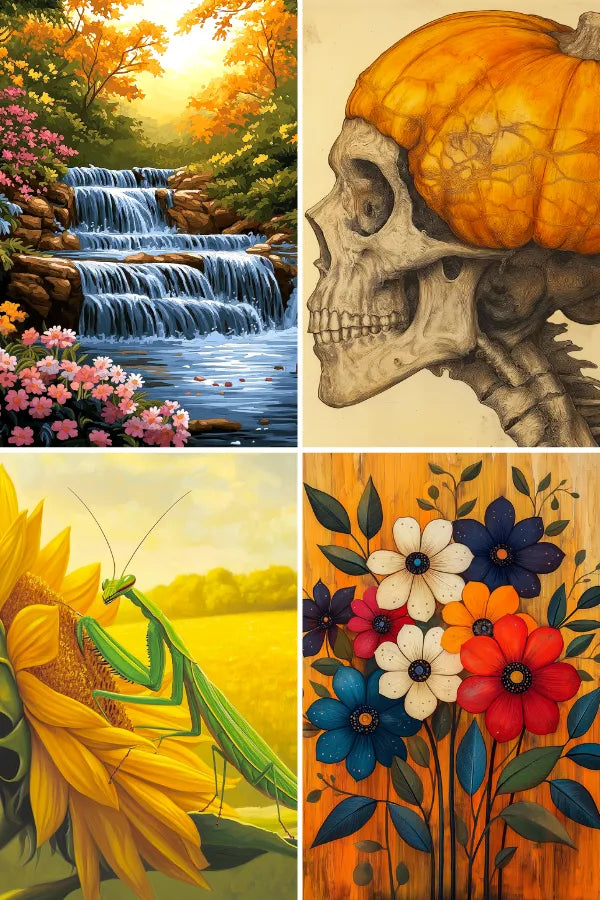  Collage of four artistic paint by numbers designs: a forest waterfall scene, a skull with a pumpkin, a praying mantis on a sunflower, and a colorful bouquet of stylized flowers.