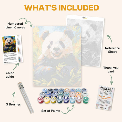 What's included in A Panda's Delight paint by numbers kit: numbered linen canvas, reference sheet, color guide, 24 acrylic paints, 3 brushes and thank you card