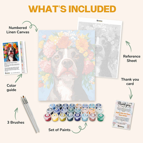 What's included in A Pitbull's Crown paint by numbers kit: numbered linen canvas, reference sheet, color guide, 24 acrylic paints, 3 brushes and thank you card