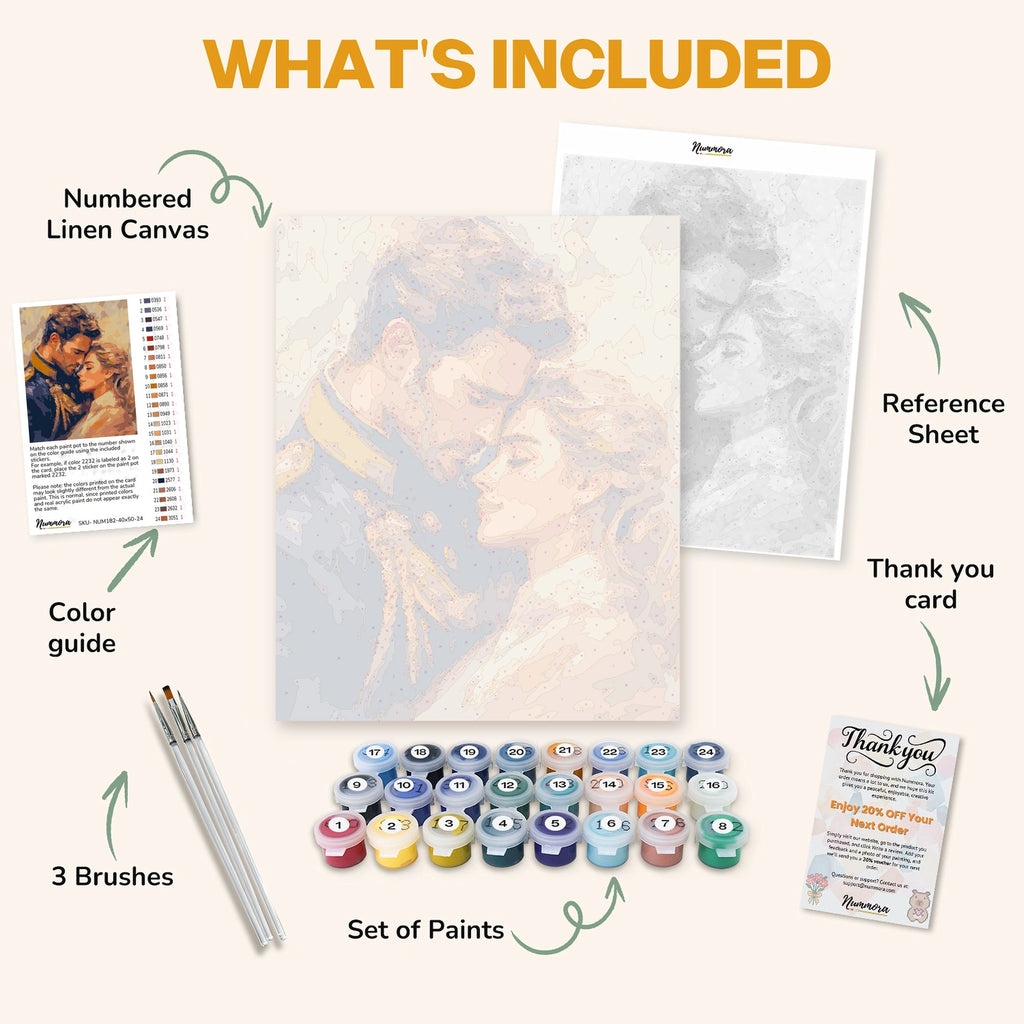 What's included in A Portrait of Passion paint by numbers kit: numbered linen canvas, reference sheet, color guide, 24 acrylic paints, 3 brushes and thank you card
