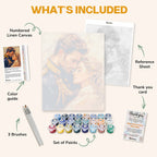 What's included in A Portrait of Passion paint by numbers kit: numbered linen canvas, reference sheet, color guide, 24 acrylic paints, 3 brushes and thank you card
