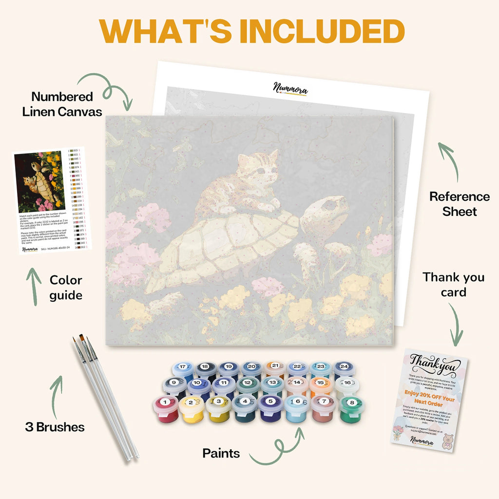 What's included in A Ride Through the Garden paint by numbers kit: numbered linen canvas, reference sheet, color guide, 24 acrylic paints, 3 brushes and thank you card