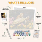 What's included in A Ride Through the Garden paint by numbers kit: numbered linen canvas, reference sheet, color guide, 24 acrylic paints, 3 brushes and thank you card