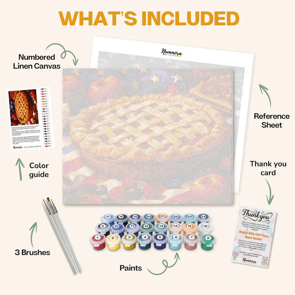 What's included in A Slice of Nostalgia paint by numbers kit: numbered linen canvas, reference sheet, color guide, 24 acrylic paints, 3 brushes and thank you card