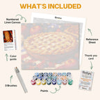 What's included in A Slice of Nostalgia paint by numbers kit: numbered linen canvas, reference sheet, color guide, 24 acrylic paints, 3 brushes and thank you card