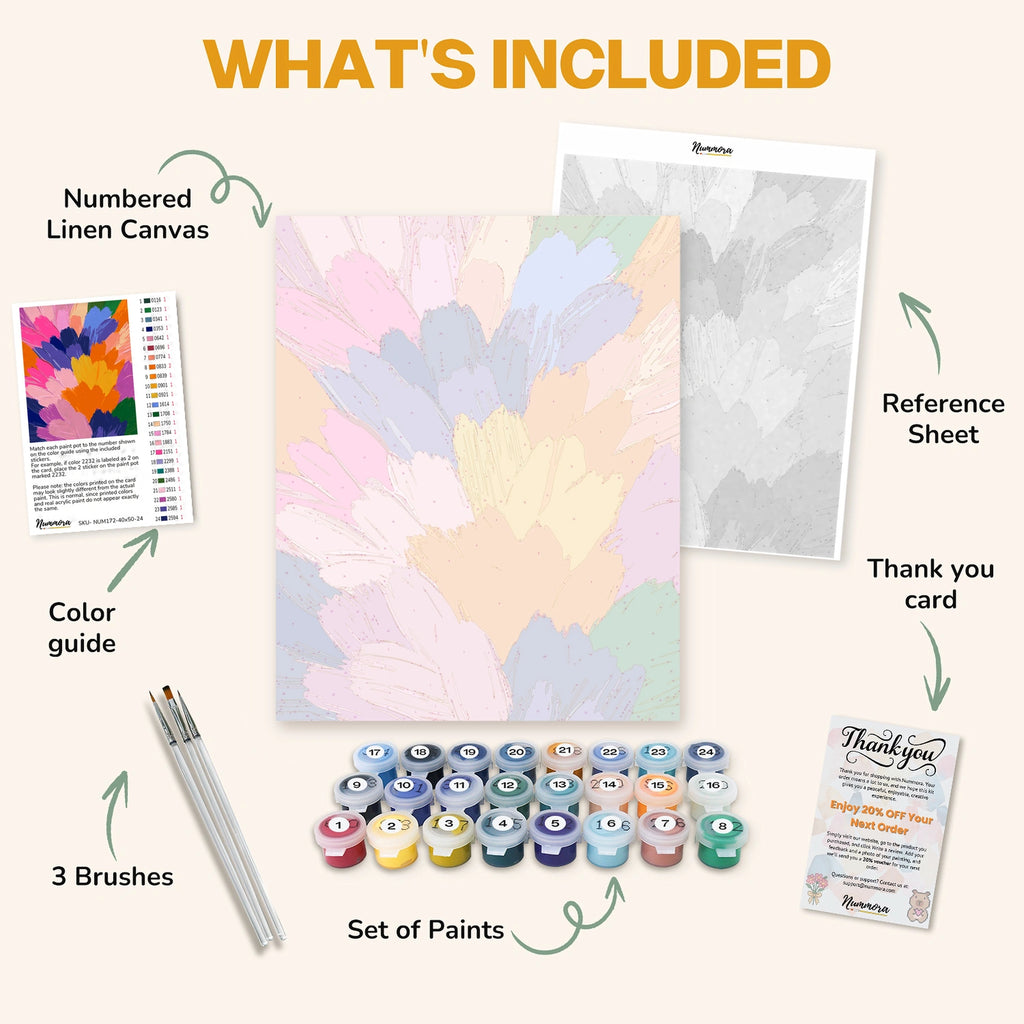 What's included in A Symphony of Brushstrokes paint by numbers kit: numbered linen canvas, reference sheet, color guide, 24 acrylic paints, 3 brushes and thank you card