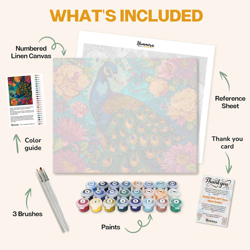 What's included in A Symphony of Feathers paint by numbers kit: numbered linen canvas, reference sheet, color guide, 24 acrylic paints, 3 brushes and thank you card