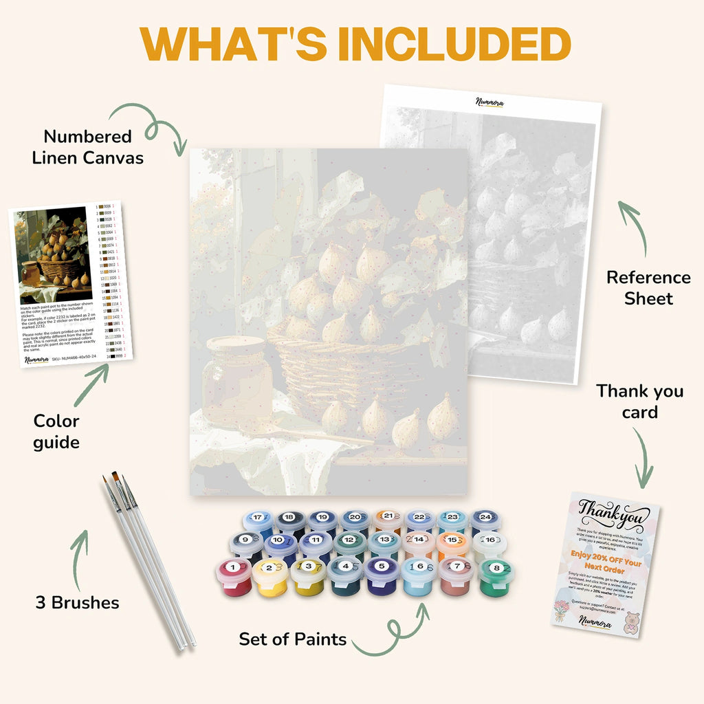 What's included in A Taste of Autumn paint by numbers kit: numbered linen canvas, reference sheet, color guide, 24 acrylic paints, 3 brushes and thank you card