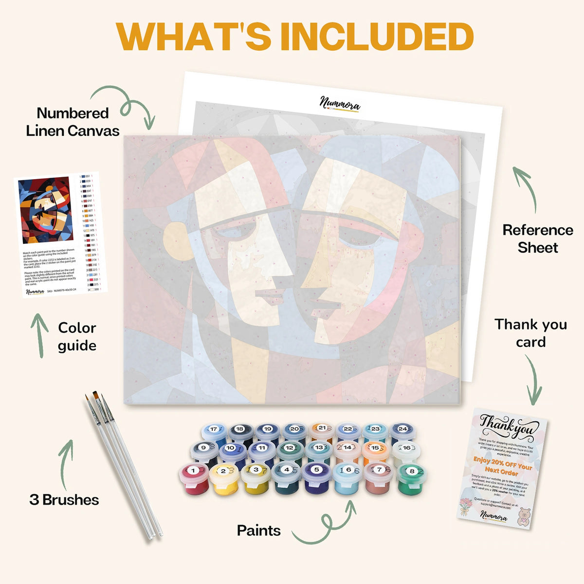 What's included in the Abstract Conversation paint by numbers kit: numbered linen canvas, reference sheet, color guide, 24 acrylic paints, 3 brushes and thank you card