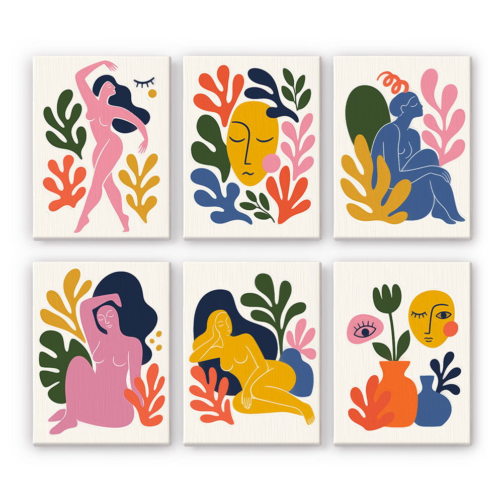 Abstract Figures mini paint by numbers set: six cutout-style artworks of female figures, faces, vases and organic leaf shapes