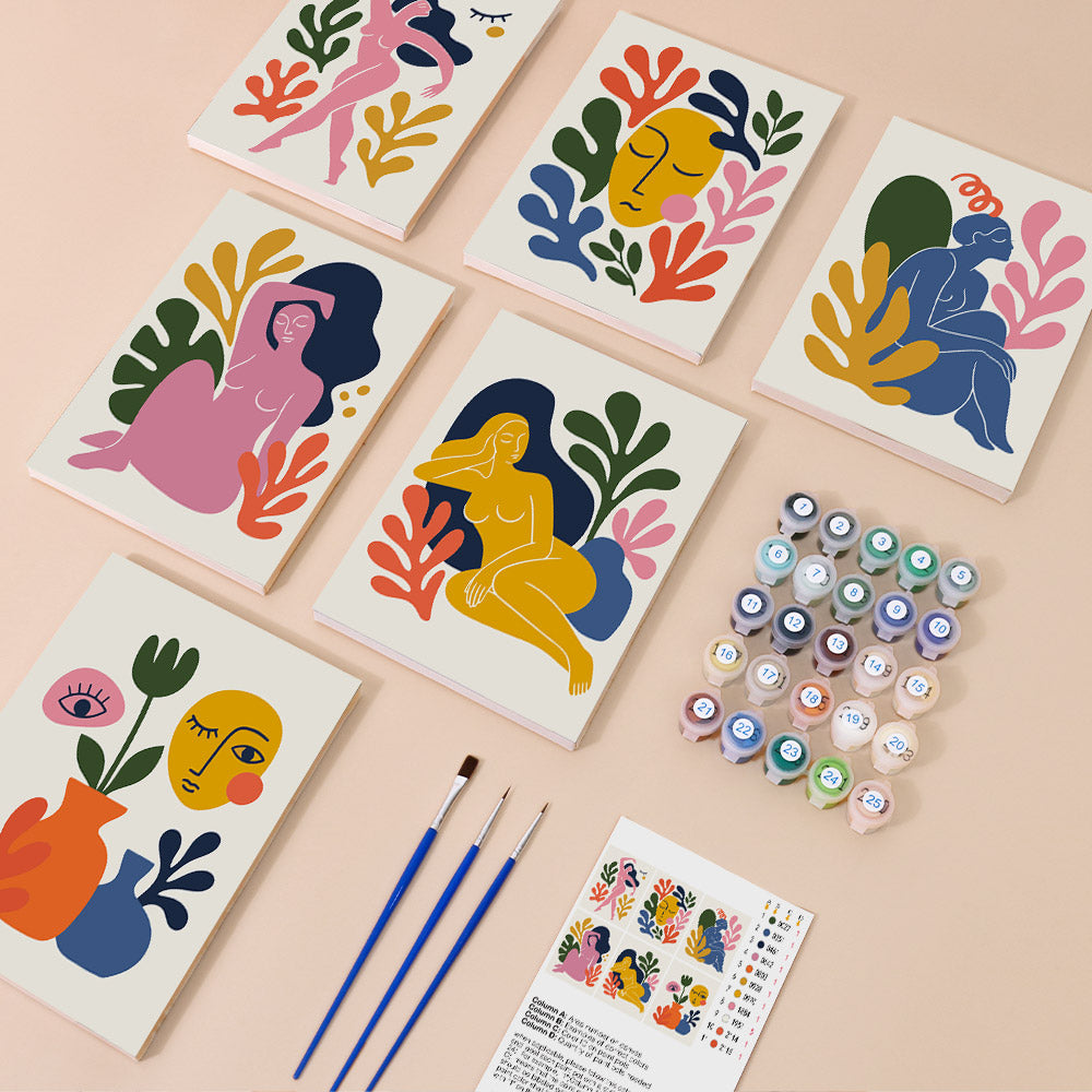 Abstract Figures mini paint by numbers kit with six numbered canvases, acrylic paints, brushes and layout
