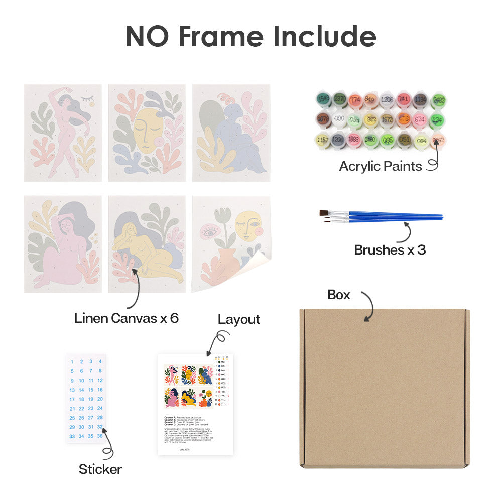 What's included without a frame: six rolled Abstract Figures mini canvases, acrylic paints, three brushes and layout