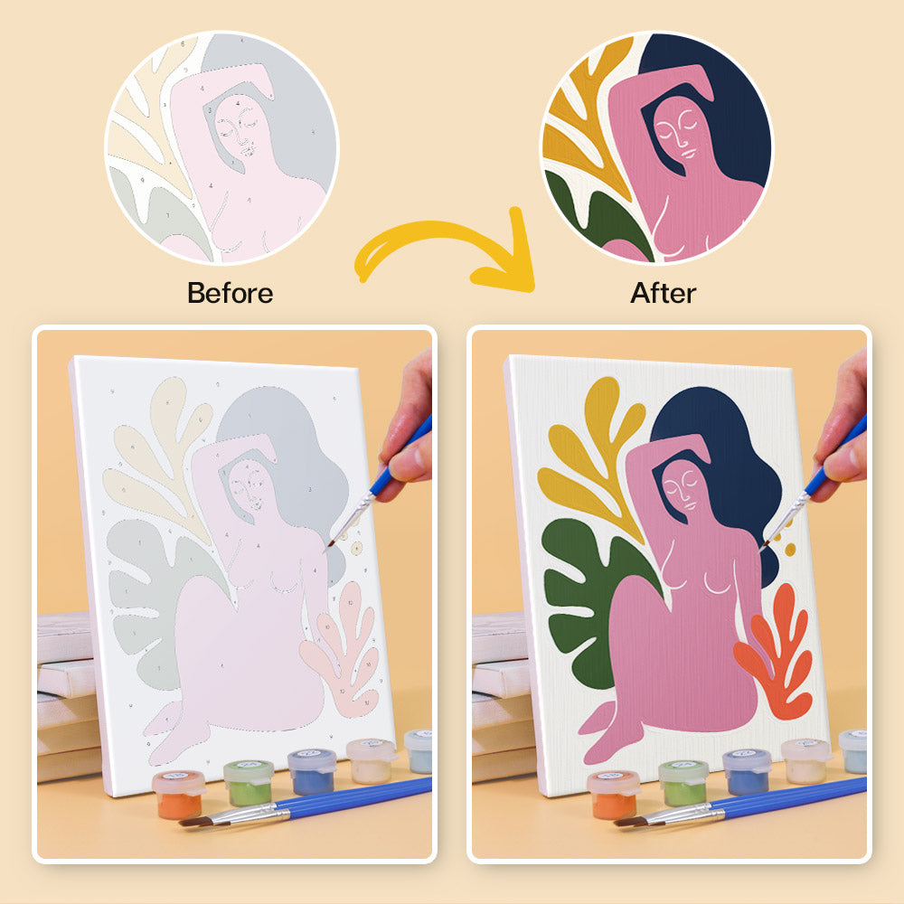 Before and after of an Abstract Figures mini paint by numbers canvas
