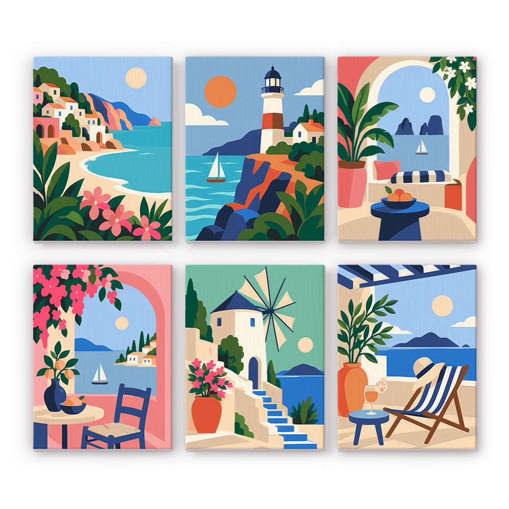 Aegean Daydream mini paint by numbers set: six Mediterranean designs of a village cove, lighthouse, arches, windmill and terraces