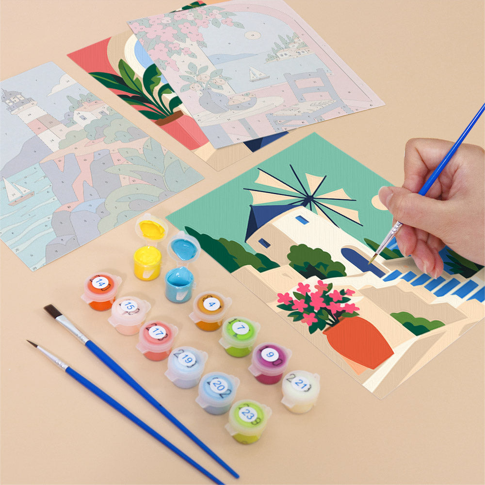 Filling in an Aegean Daydream mini canvas with numbered acrylic paints and a fine brush