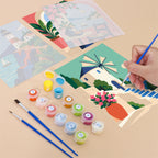 Filling in an Aegean Daydream mini canvas with numbered acrylic paints and a fine brush