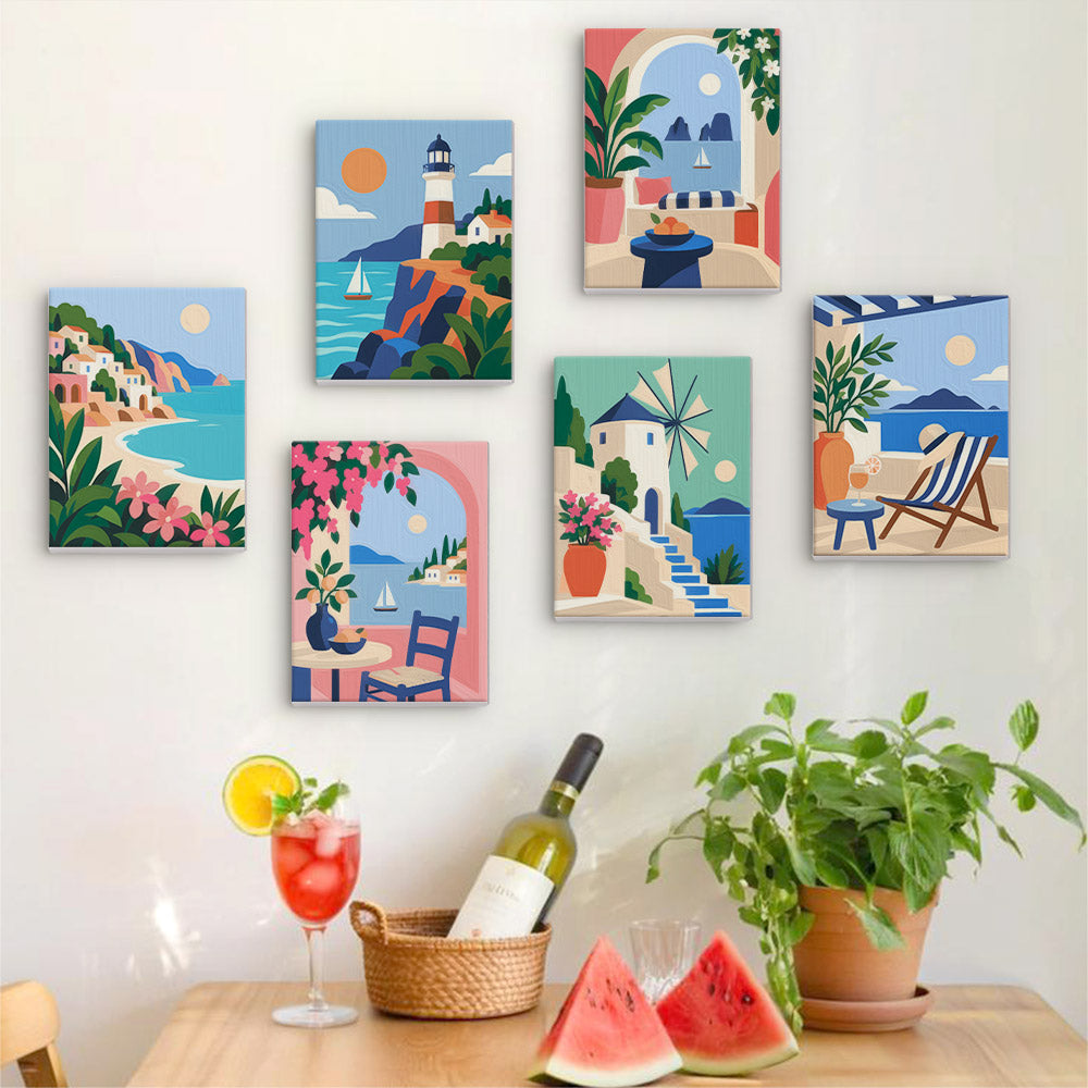 Six finished Aegean Daydream mini paintings hung on a wall above a table