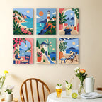 Aegean Daydream mini paintings displayed as a gallery wall in a sunny kitchen