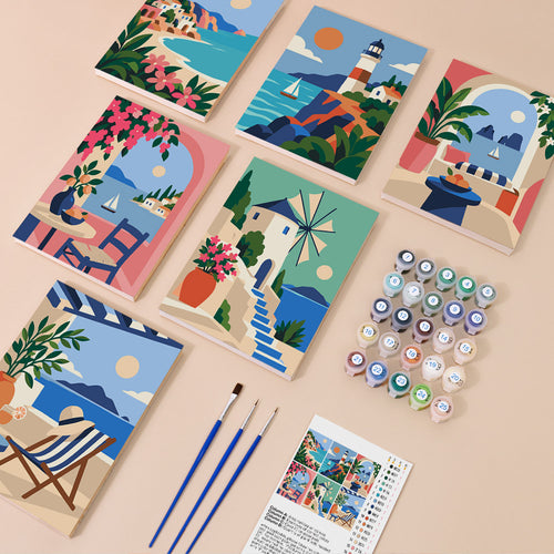 Aegean Daydream mini paint by numbers kit with six numbered canvases, acrylic paints, brushes and layout