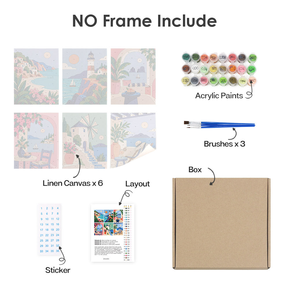 What's included without a frame: six rolled Aegean Daydream mini canvases, acrylic paints, three brushes and layout
