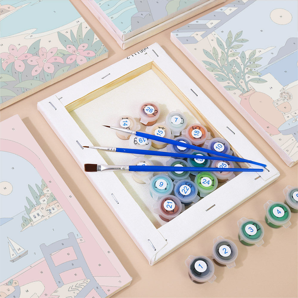 Numbered paint pots and brushes on a pre-stretched Aegean Daydream mini canvas