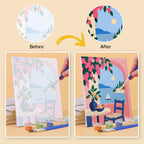 Before and after of an Aegean Daydream mini paint by numbers canvas