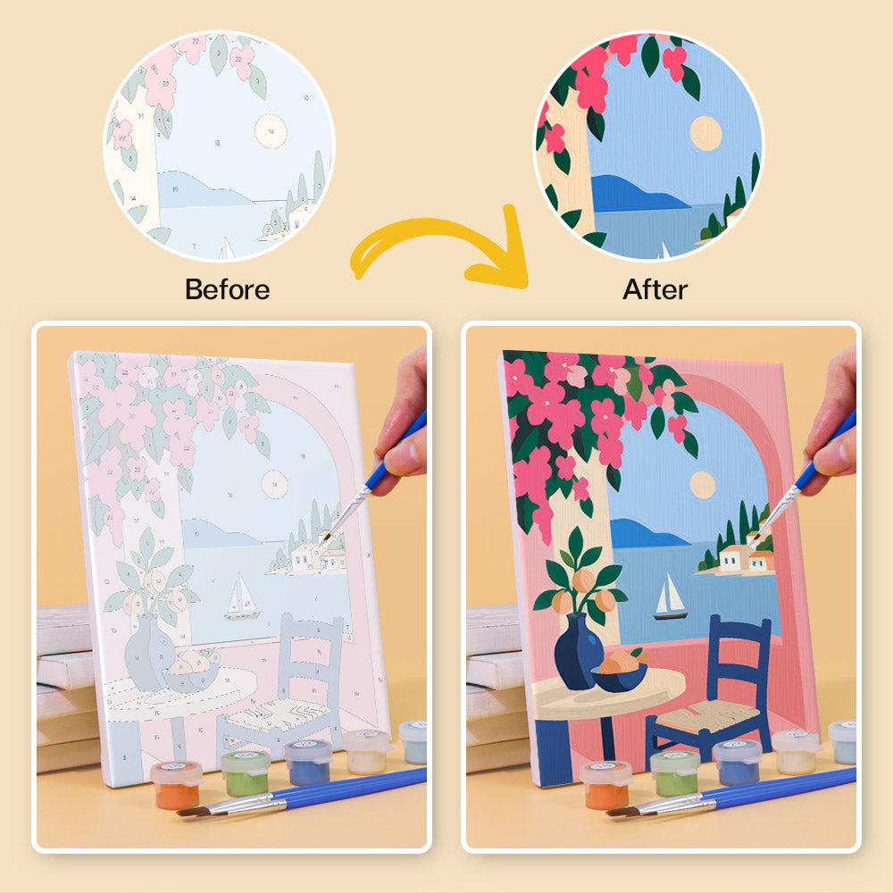Before and after of an Aegean Daydream mini paint by numbers canvas