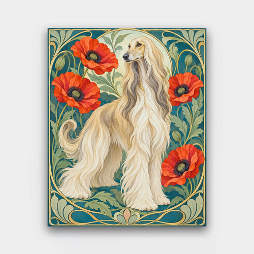Afghan Hound and Poppies paint by numbers kit of an Afghan hound with a long cream coat among red poppies with an Art Nouveau border