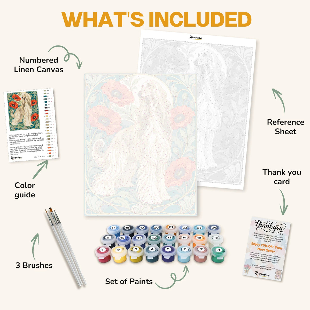 What's included in the Afghan Hound and Poppies paint by numbers kit: numbered linen canvas, reference sheet, color guide, 24 acrylic paints, 3 brushes and thank you card