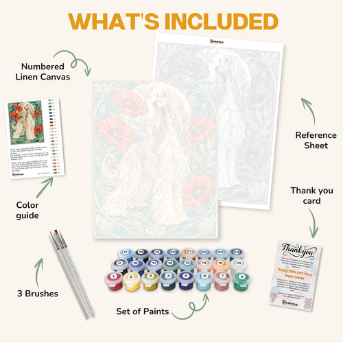 What's included in the Afghan Hound and Poppies paint by numbers kit: numbered linen canvas, reference sheet, color guide, 24 acrylic paints, 3 brushes and thank you card
