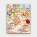 Afternoon Tea for Two paint by numbers kit of a rose-painted teapot, teacups, cakes, scones and jam beside a vase of sweet peas
