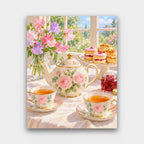 Afternoon Tea for Two paint by numbers kit of a rose-painted teapot, teacups, cakes, scones and jam beside a vase of sweet peas