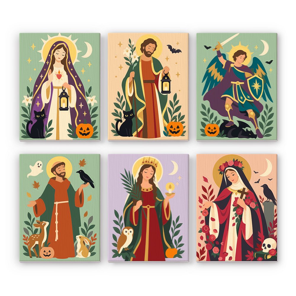 All Saints Night Icons mini paint by numbers set: six folk-art saint portraits with golden halos, lanterns, black cats, crows and jack-o'-lanterns