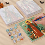 Painting one of the All Saints Night Icons designs next to a stack of mini canvases