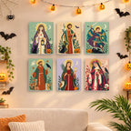 Six finished All Saints Night Icons mini paintings hung on a wall above a table