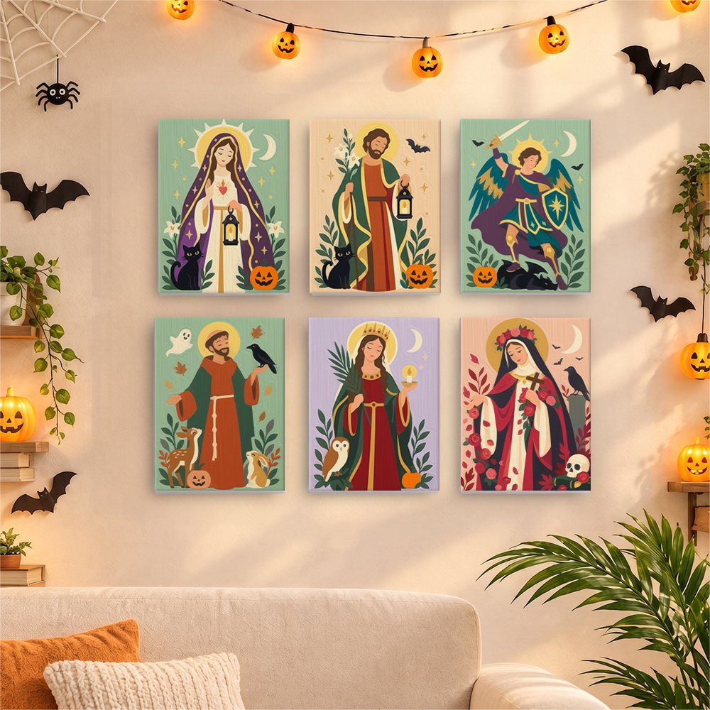 Six finished All Saints Night Icons mini paintings hung on a wall above a table