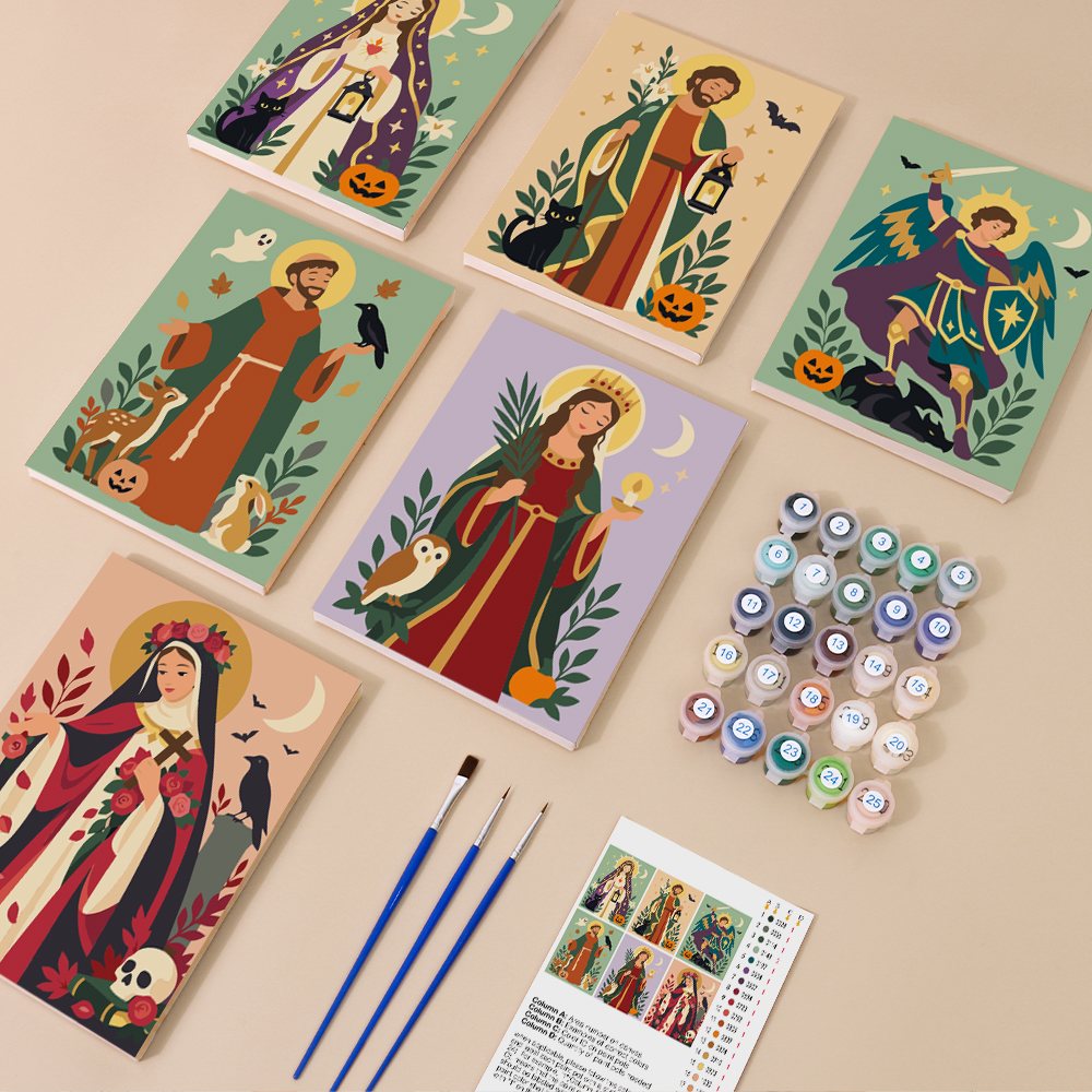All Saints Night Icons mini paint by numbers kit with six numbered canvases, acrylic paints, brushes and layout